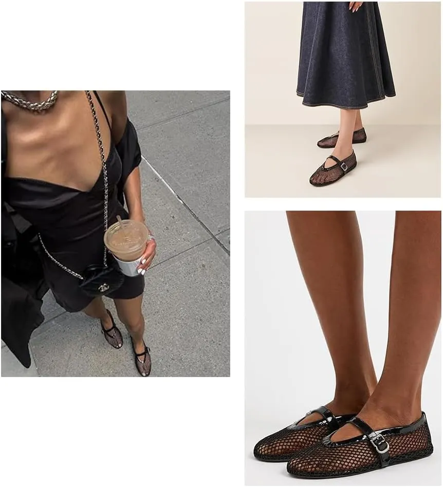 Mesh Ankle Strap Flats for Women Buckle Strap Comfortable Ballet Shoes Casual Mary Jane Flats Women's Mesh Ballet Flats
