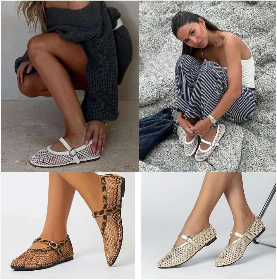 Mesh Ankle Strap Flats for Women Buckle Strap Comfortable Ballet Shoes Casual Mary Jane Flats Women's Mesh Ballet Flats