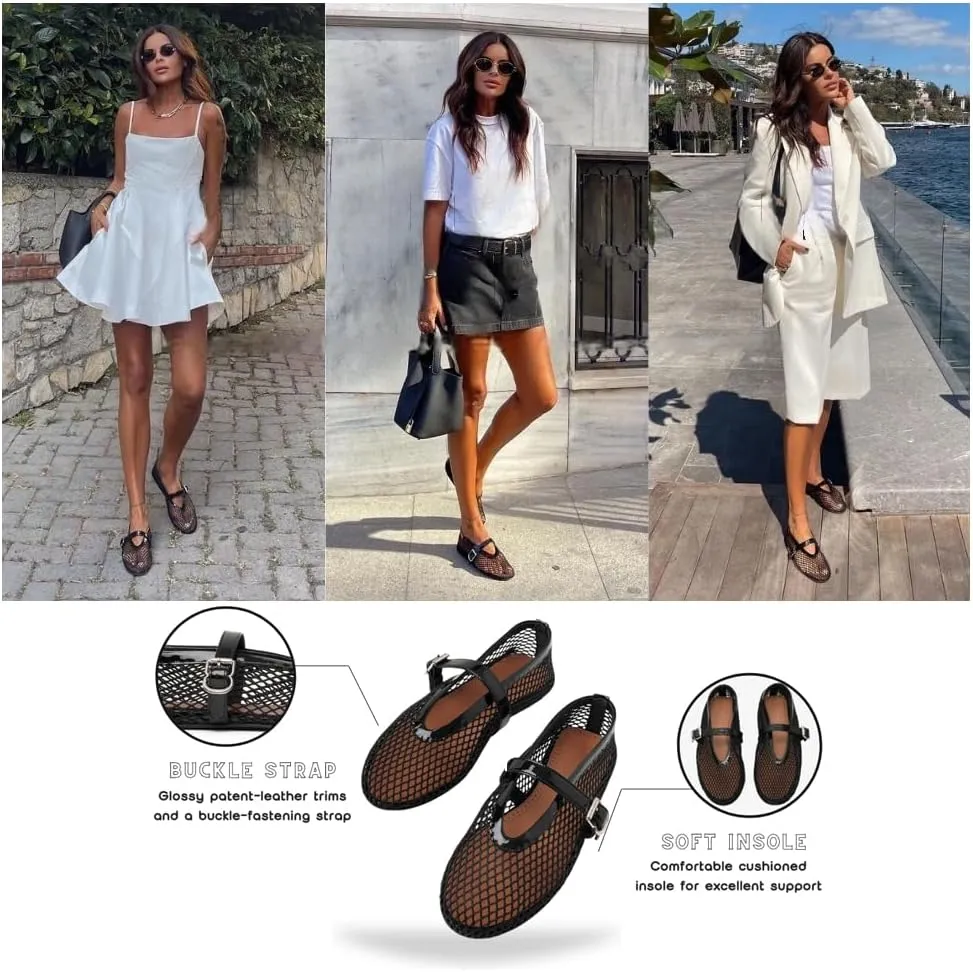 Mesh Ankle Strap Flats for Women Buckle Strap Comfortable Ballet Shoes Casual Mary Jane Flats Women's Mesh Ballet Flats
