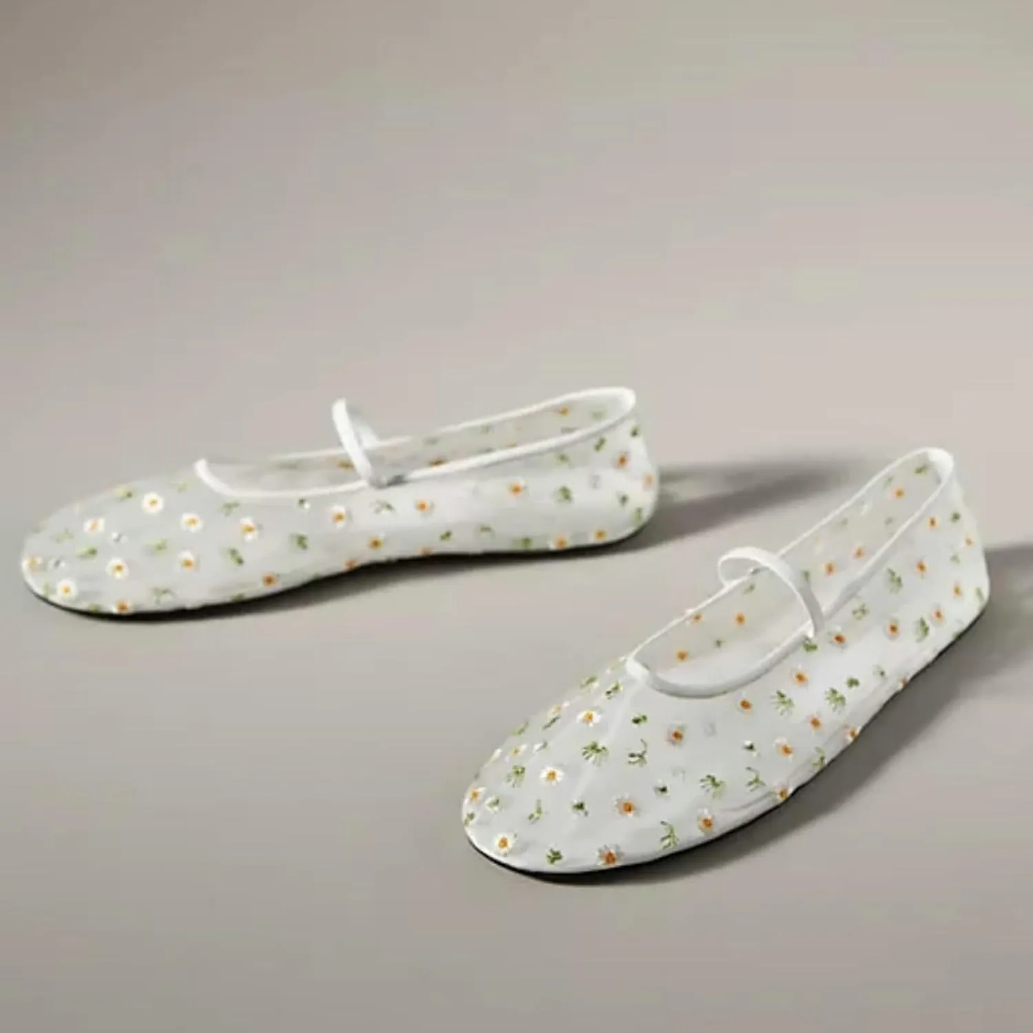 Mesh Ballet Flats for Women Ballerina Mary Janes Flats Embroidered Floral Nude Round Toe Pumps Comfortable Casual Shoes