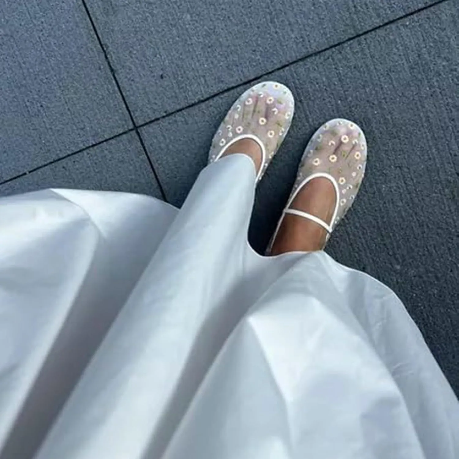 Mesh Ballet Flats for Women Ballerina Mary Janes Flats Embroidered Floral Nude Round Toe Pumps Comfortable Casual Shoes