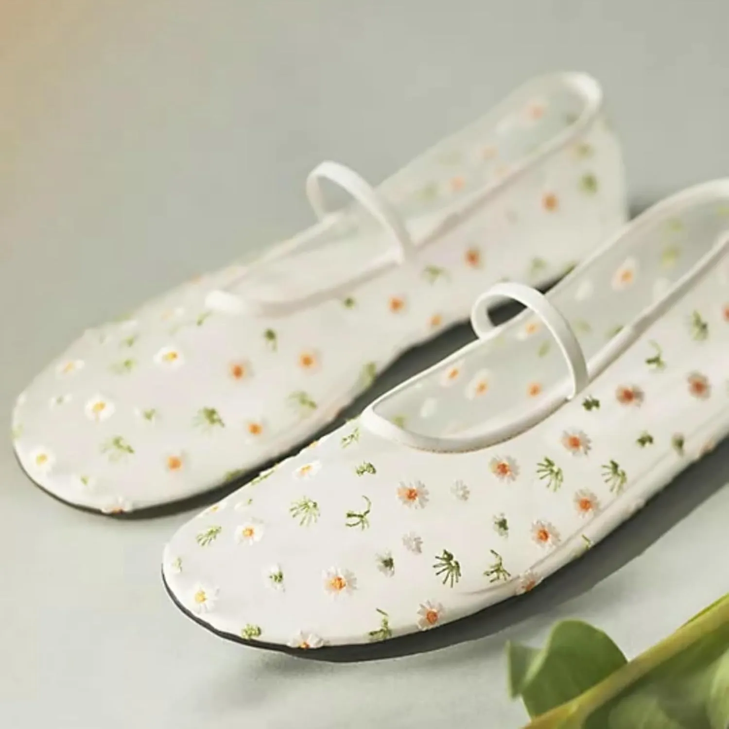 Mesh Ballet Flats for Women Ballerina Mary Janes Flats Embroidered Floral Nude Round Toe Pumps Comfortable Casual Shoes