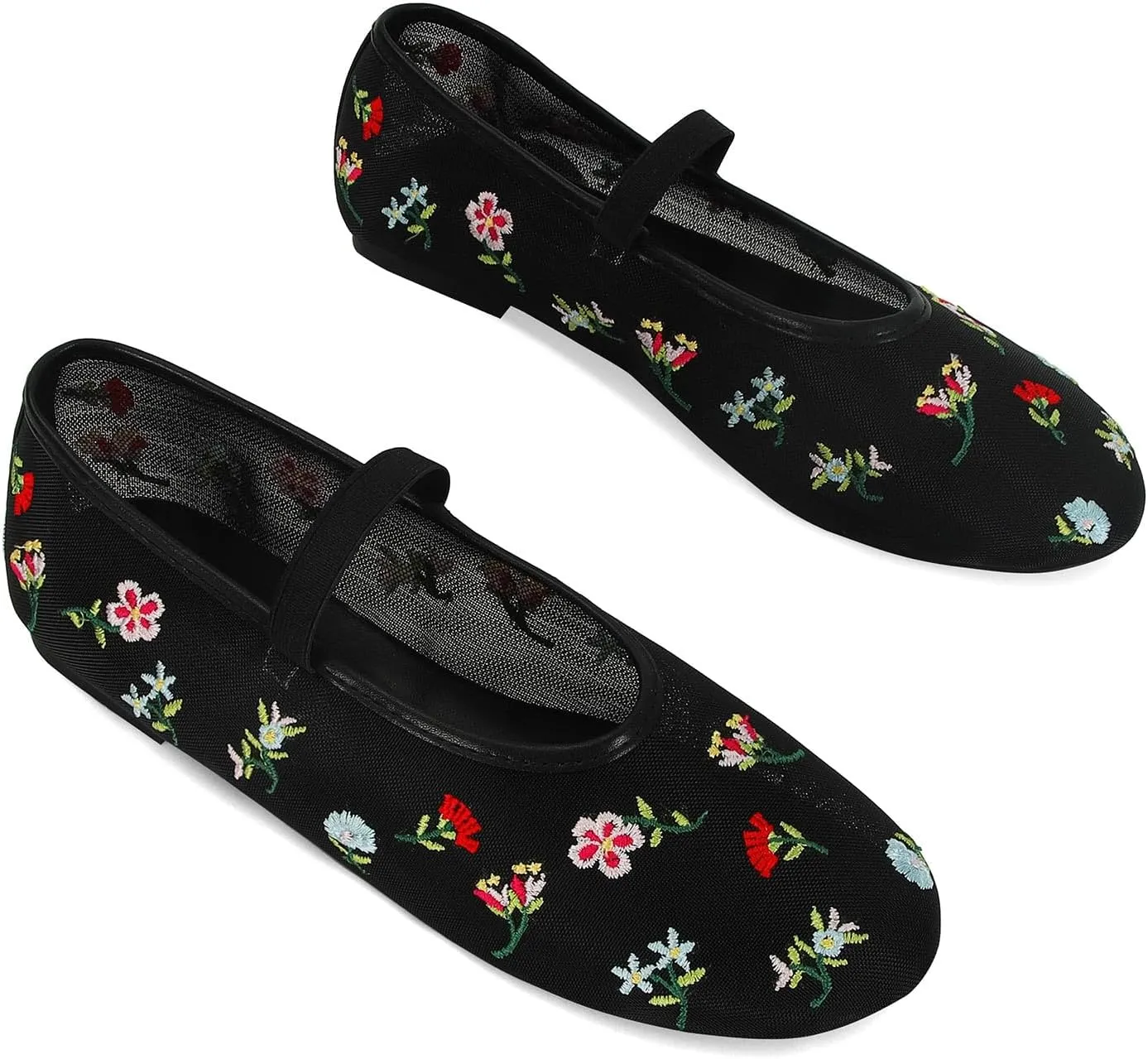 Mesh Ballet Flats for Women Embroidered Floral Mary Jane Flats Comfortable Casual Daily Dress Ballerina Shoes