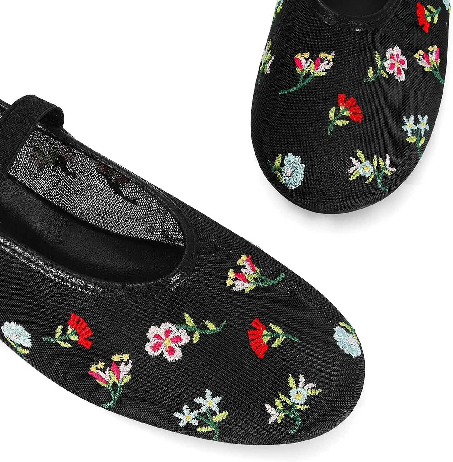 Mesh Ballet Flats for Women Embroidered Floral Mary Jane Flats Comfortable Casual Daily Dress Ballerina Shoes