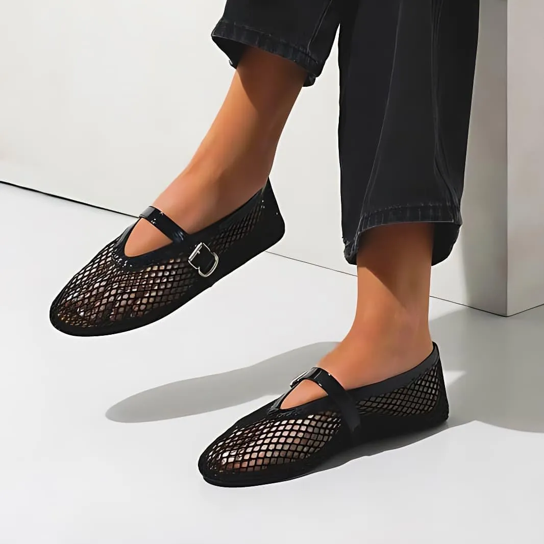 Mesh Ballet Flats for Women Round Toe Fishnet Mary Jane Flats Buckle Strap Casual Comfortable Office Ballerina Shoes