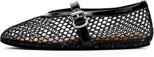 Mesh Ballet Flats for Women Round Toe Fishnet Mary Jane Flats Buckle Strap Casual Comfortable Office Ballerina Shoes