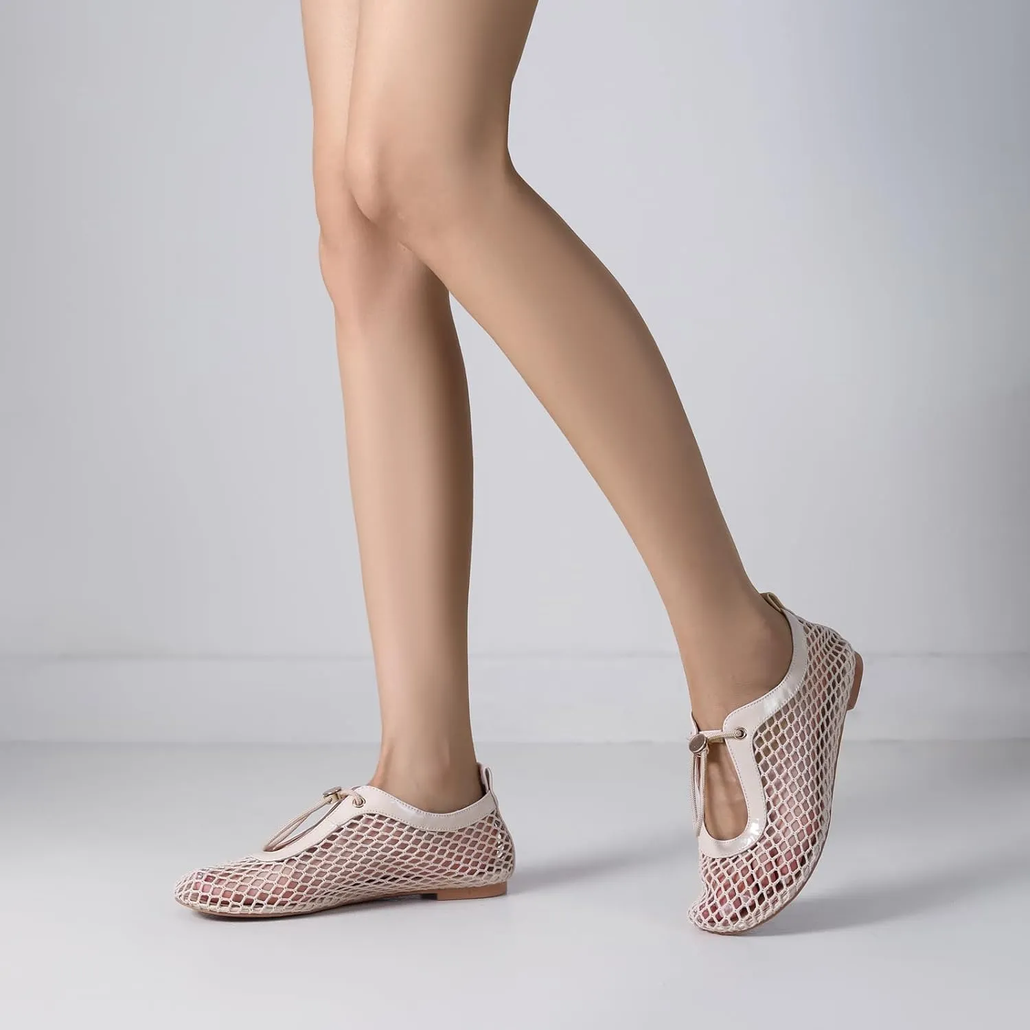 Mesh Ballet Flats for Women Round Toe Fishnet Mary Jane Flats Buckle Strap Casual Comfortable Office Ballerina Shoes