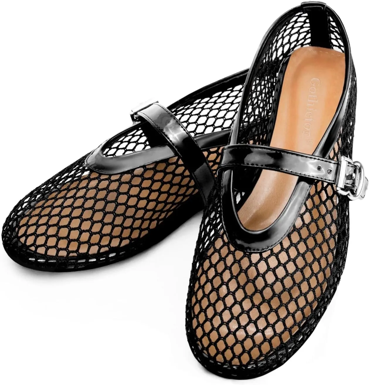 Mesh Ballet Flats for Women Round Toe Fishnet Mary Jane Flats Buckle Strap Casual Comfortable Office Ballerina Shoes