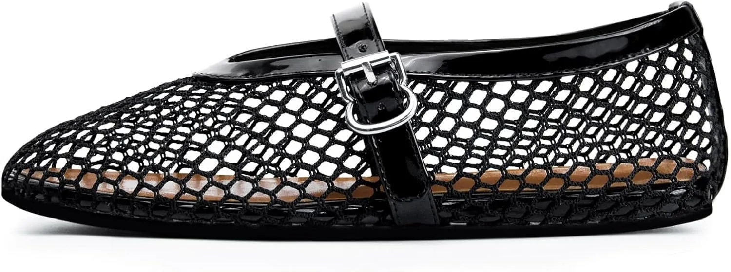Mesh Ballet Flats for Women Round Toe Fishnet Mary Jane Flats Buckle Strap Casual Comfortable Office Ballerina Shoes