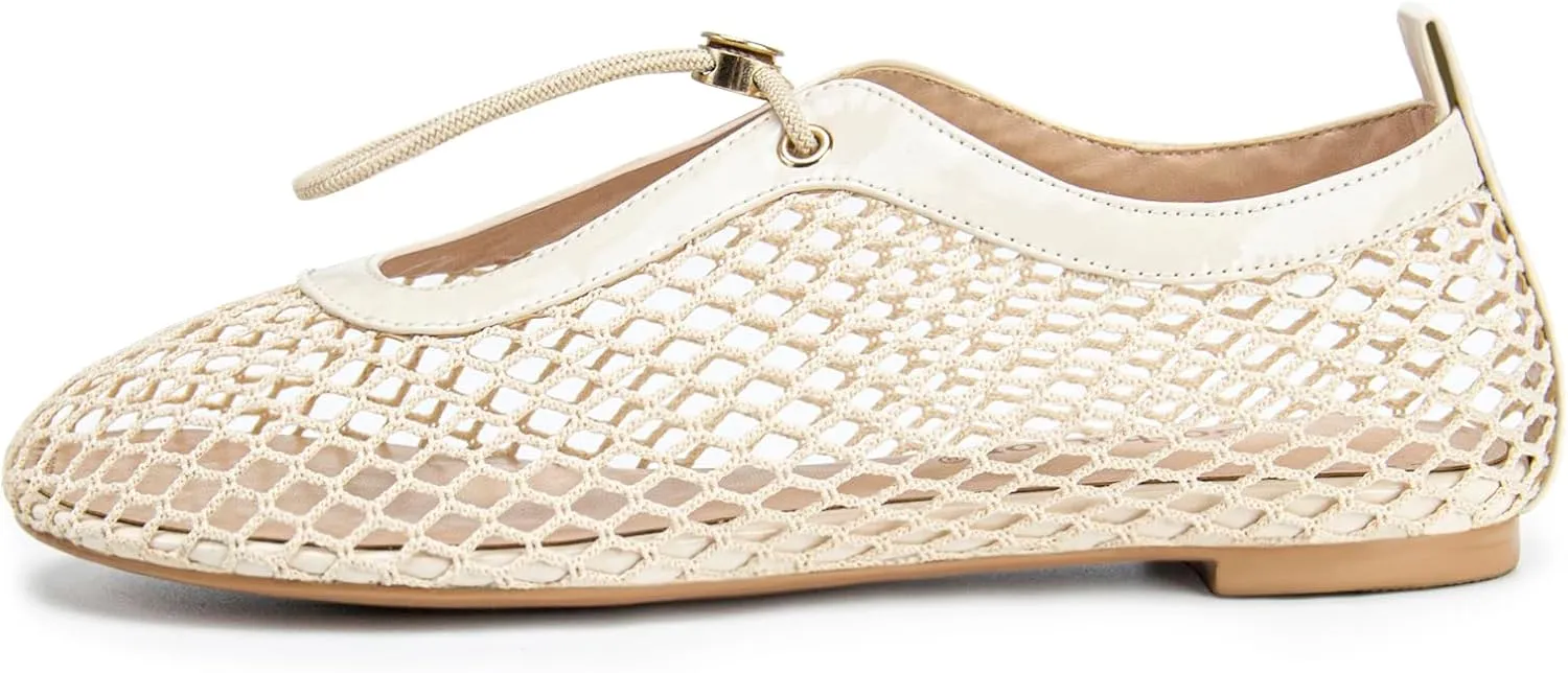 Mesh Ballet Flats for Women Round Toe Fishnet Mary Jane Flats Buckle Strap Casual Comfortable Office Ballerina Shoes