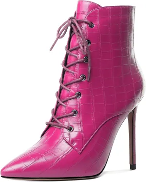 Mettesally Women's Ankle Boots Pointed Toe Stiletto High Heels Lace Up Boots Side zipper Short Boots Chic Booties