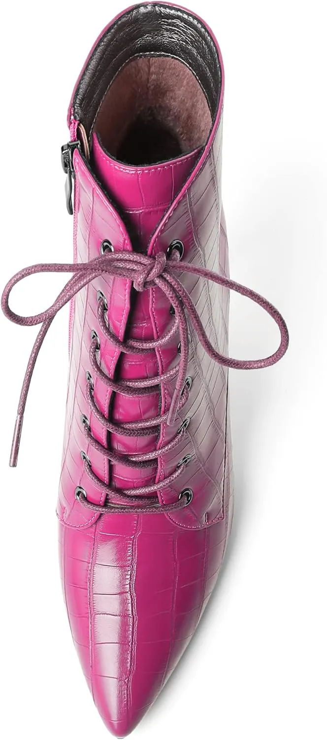 Mettesally Women's Ankle Boots Pointed Toe Stiletto High Heels Lace Up Boots Side zipper Short Boots Chic Booties
