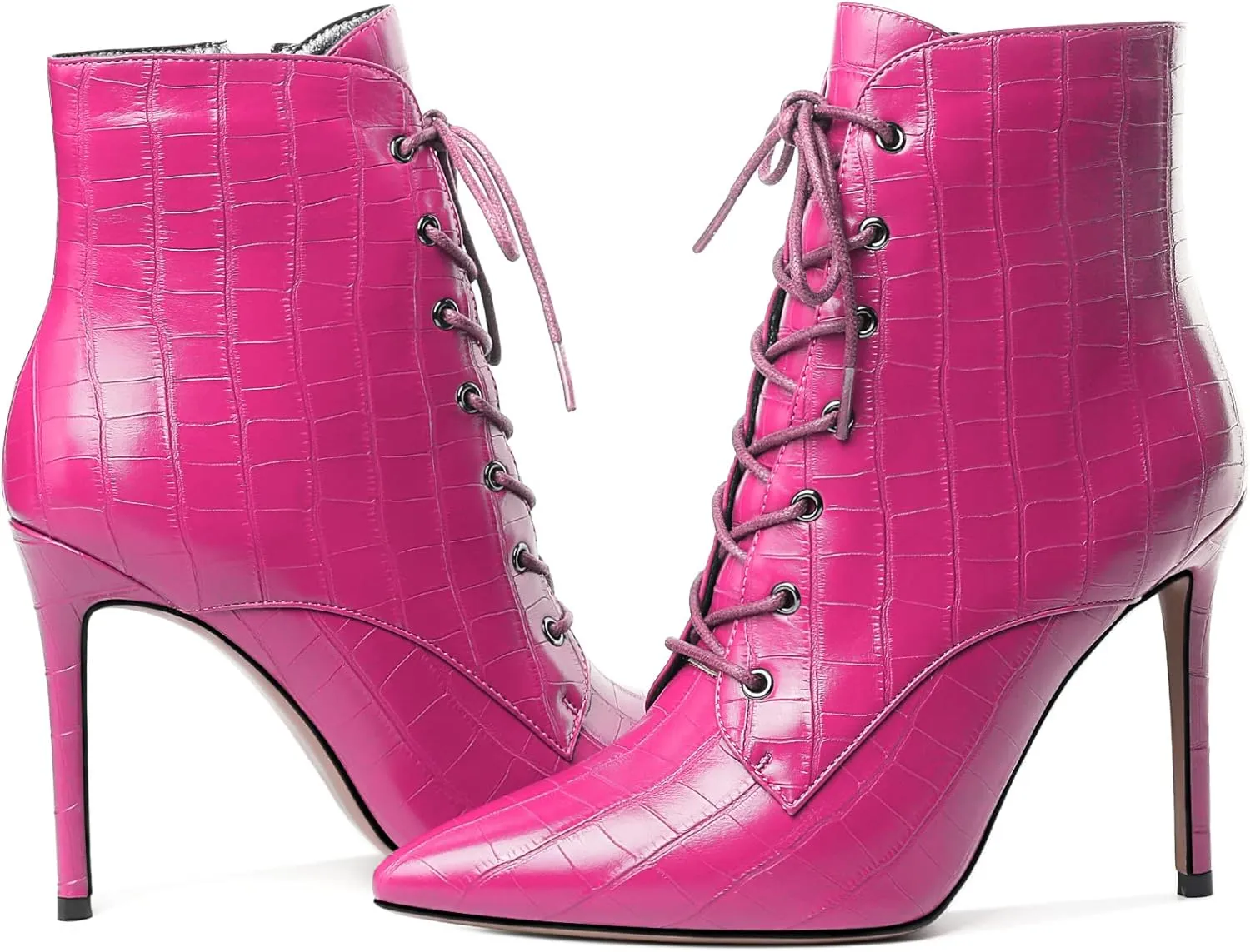 Mettesally Women's Ankle Boots Pointed Toe Stiletto High Heels Lace Up Boots Side zipper Short Boots Chic Booties