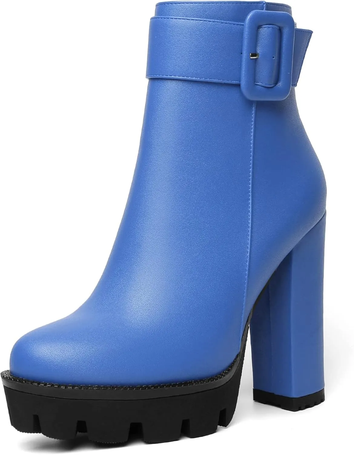 Mettesally Womens Platform Buckle Ankle Boots Round Toe Chunky Block High Heels Side Zipper Short Boots Office Winter Shoes