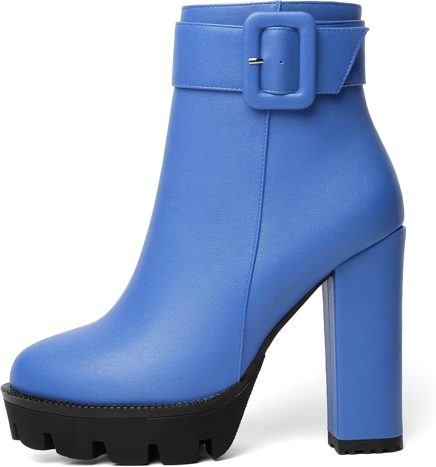 Mettesally Womens Platform Buckle Ankle Boots Round Toe Chunky Block High Heels Side Zipper Short Boots Office Winter Shoes