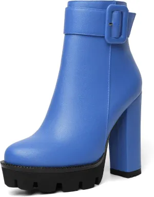 Mettesally Womens Platform Buckle Ankle Boots Round Toe Chunky Block High Heels Side Zipper Short Boots Office Winter Shoes