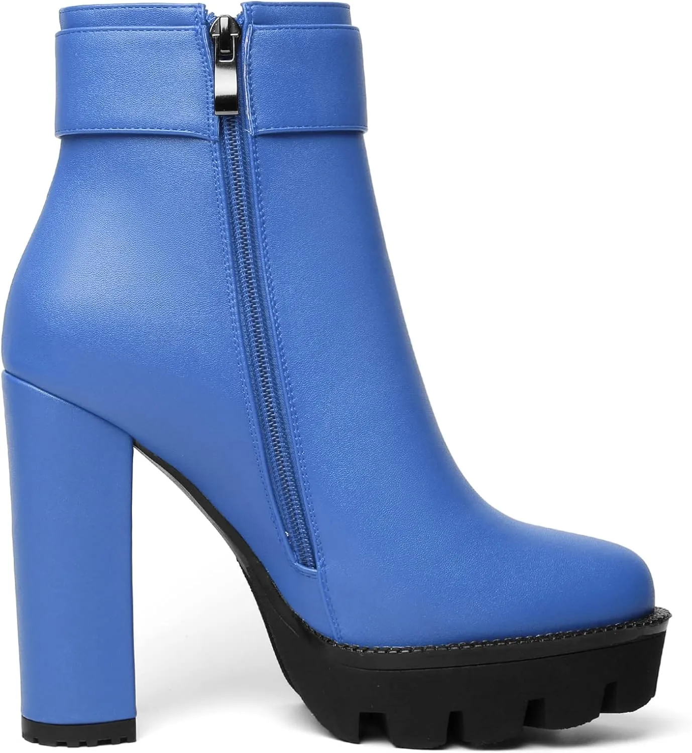 Mettesally Womens Platform Buckle Ankle Boots Round Toe Chunky Block High Heels Side Zipper Short Boots Office Winter Shoes