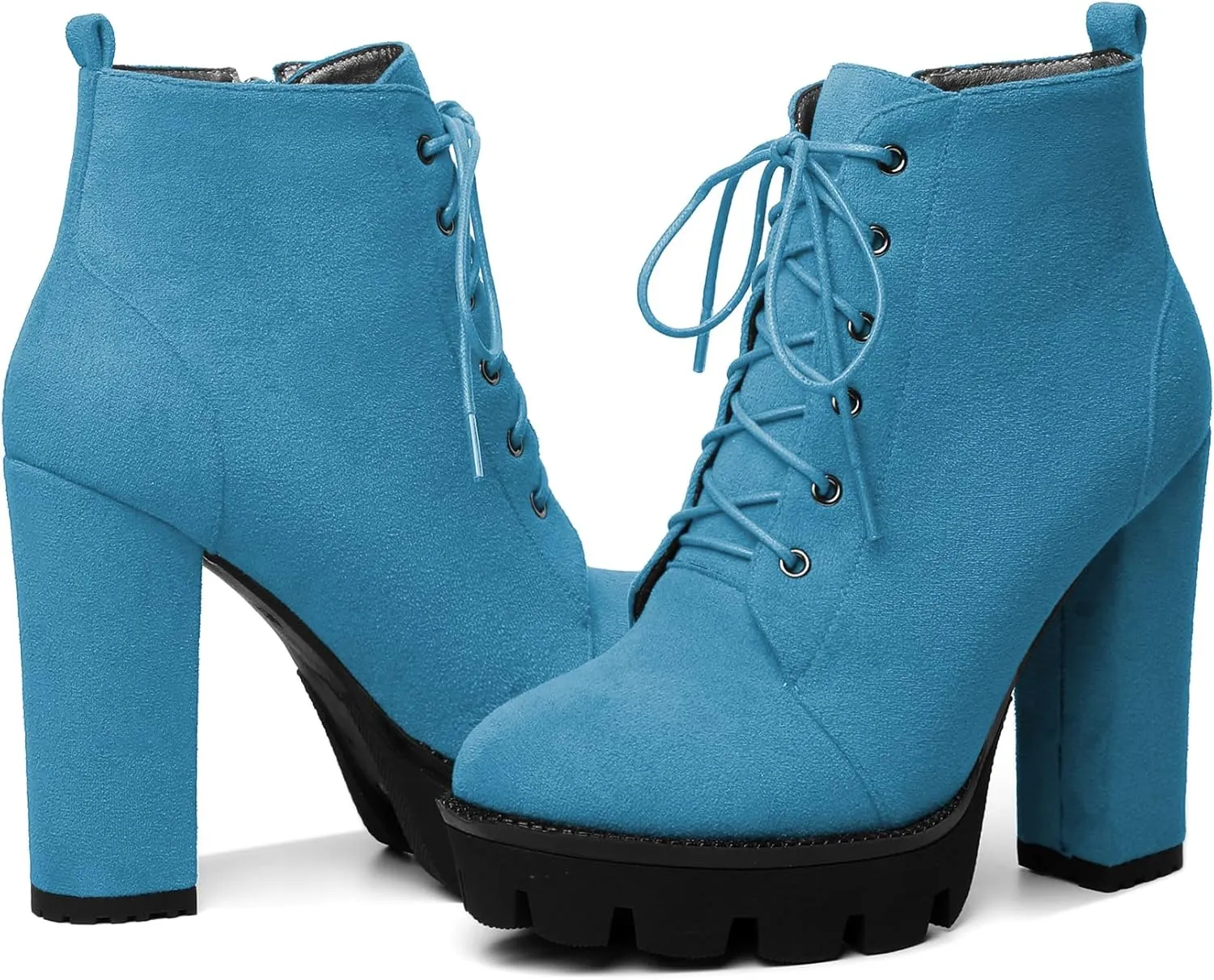 Mettesally Womens Platform Lace Up Ankle Boots Round Toe Chunky Block High Heels Side Zipper Short Boots Office Winter Shoes