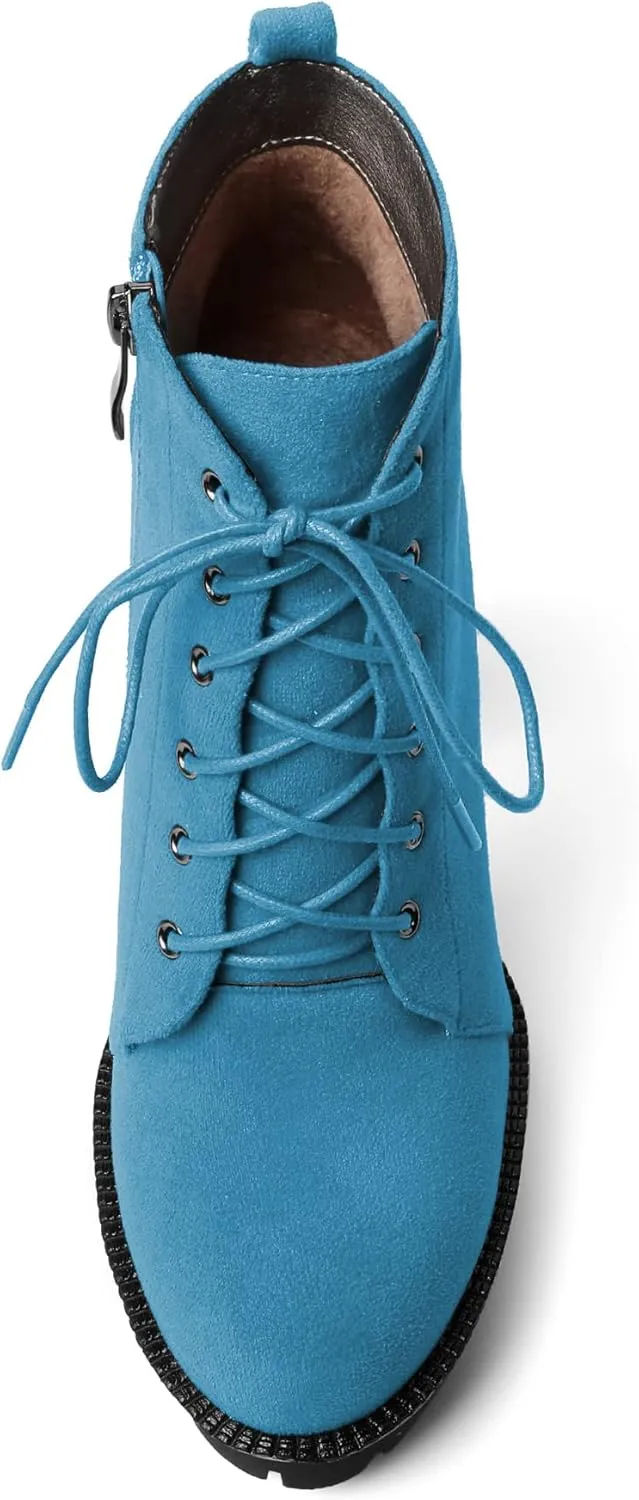 Mettesally Womens Platform Lace Up Ankle Boots Round Toe Chunky Block High Heels Side Zipper Short Boots Office Winter Shoes