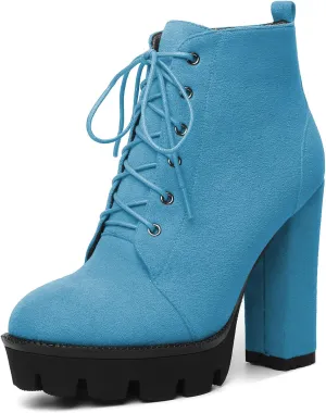 Mettesally Womens Platform Lace Up Ankle Boots Round Toe Chunky Block High Heels Side Zipper Short Boots Office Winter Shoes