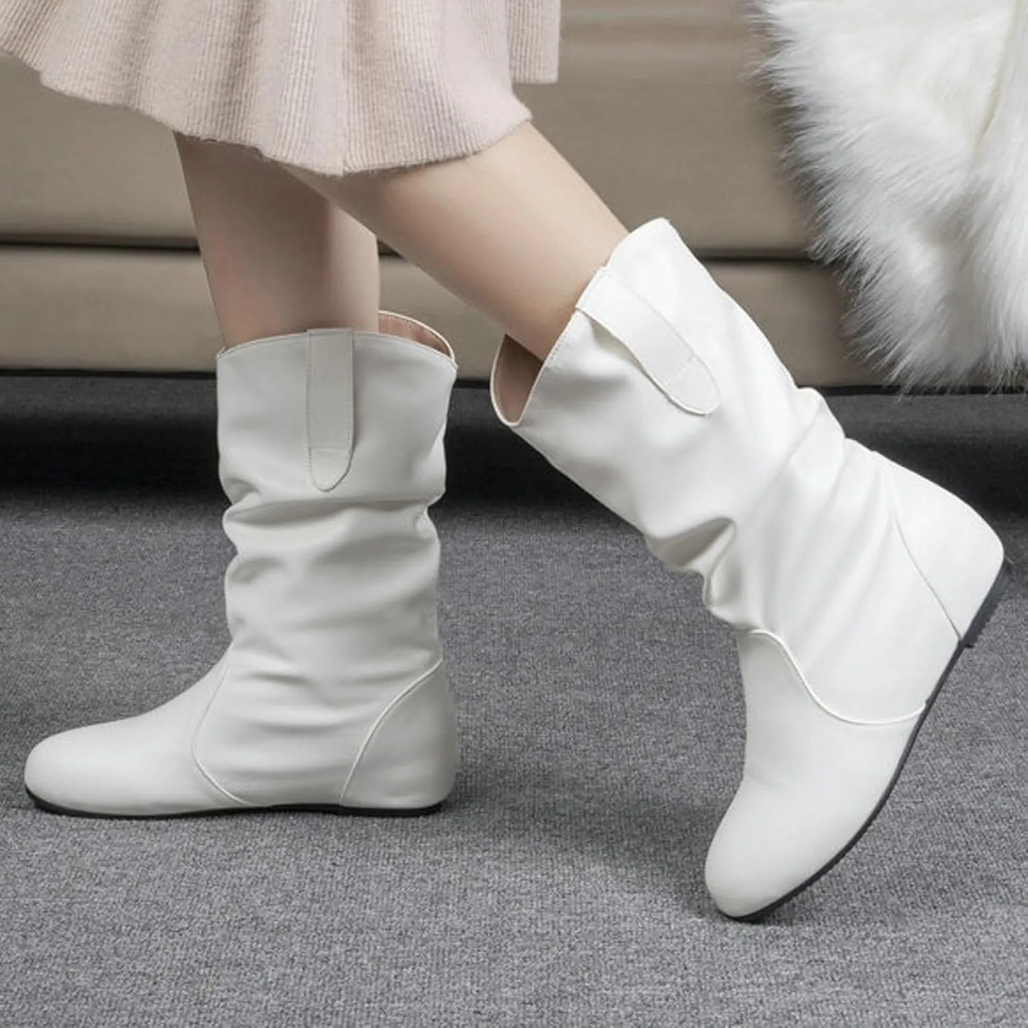 Mid Calf Booties for Women Fashion Office Leather Boots Almond Toe Western Cowgirl Cowboy Bootie Solid Casual Fall Short Boots
