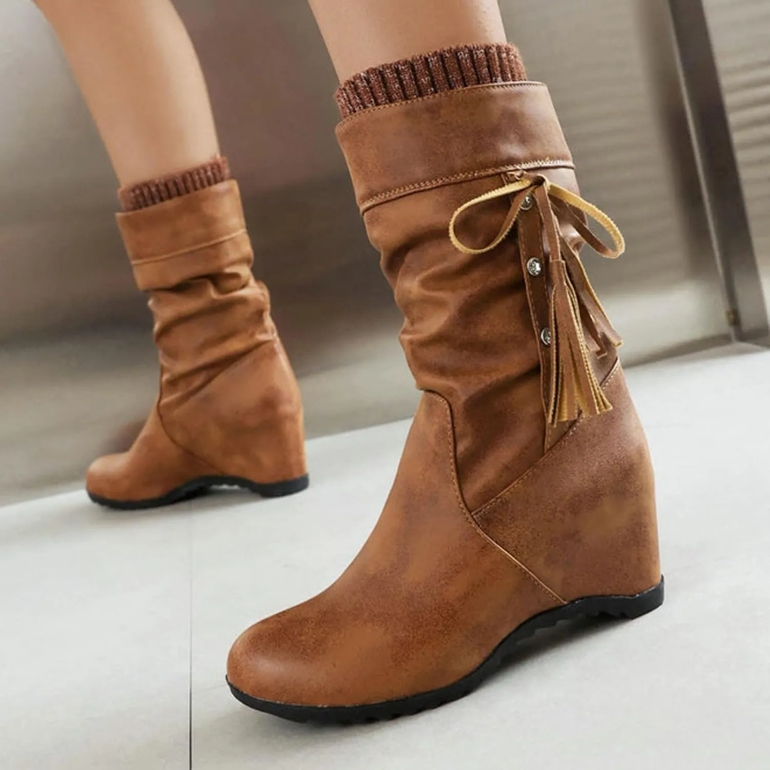 Mid Calf Booties for Women Fashion Office Leather Boots Almond Toe Western Cowgirl Cowboy Bootie Solid Casual Fall Short Boots