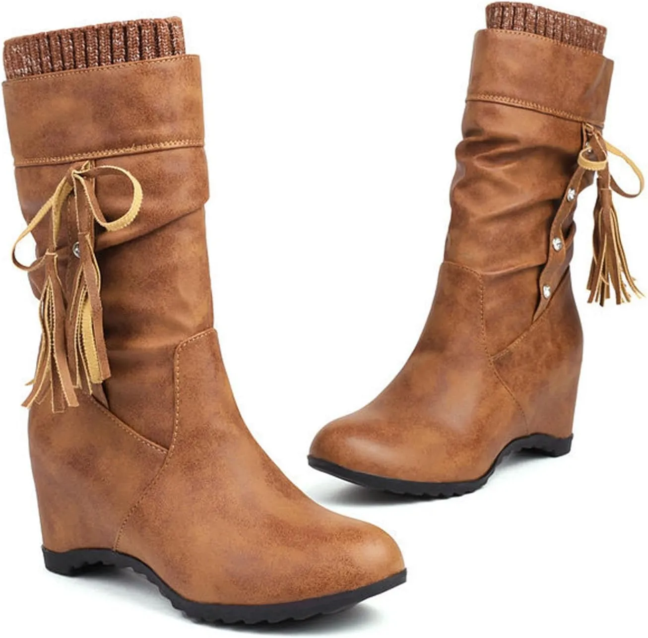 Mid Calf Booties for Women Fashion Office Leather Boots Almond Toe Western Cowgirl Cowboy Bootie Solid Casual Fall Short Boots