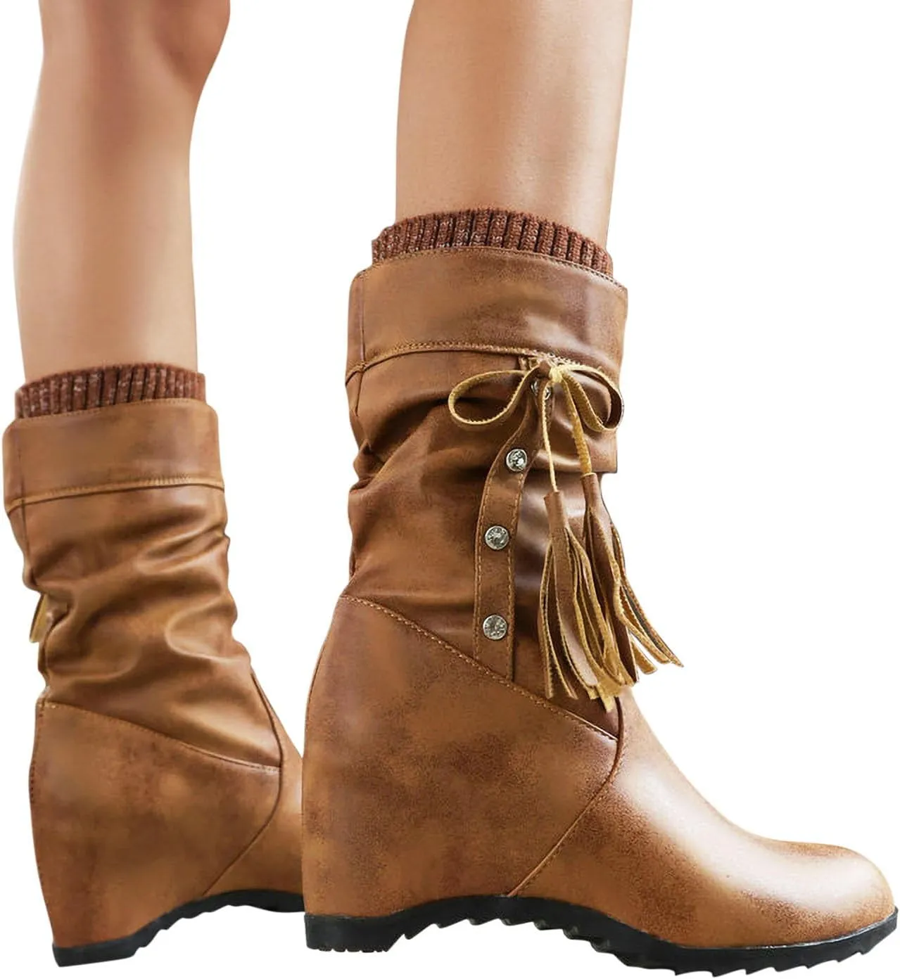 Mid Calf Booties for Women Fashion Office Leather Boots Almond Toe Western Cowgirl Cowboy Bootie Solid Casual Fall Short Boots