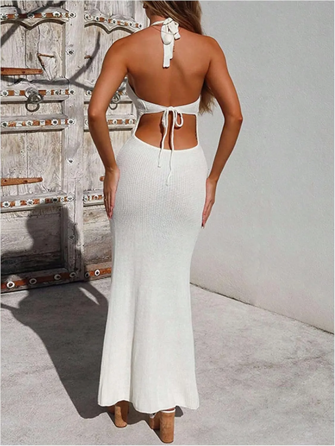 Milumia Women's Hollow Out Tie Backless Halter Beach Dress Sexy Deep V Neck Knitted Maxi Dresses