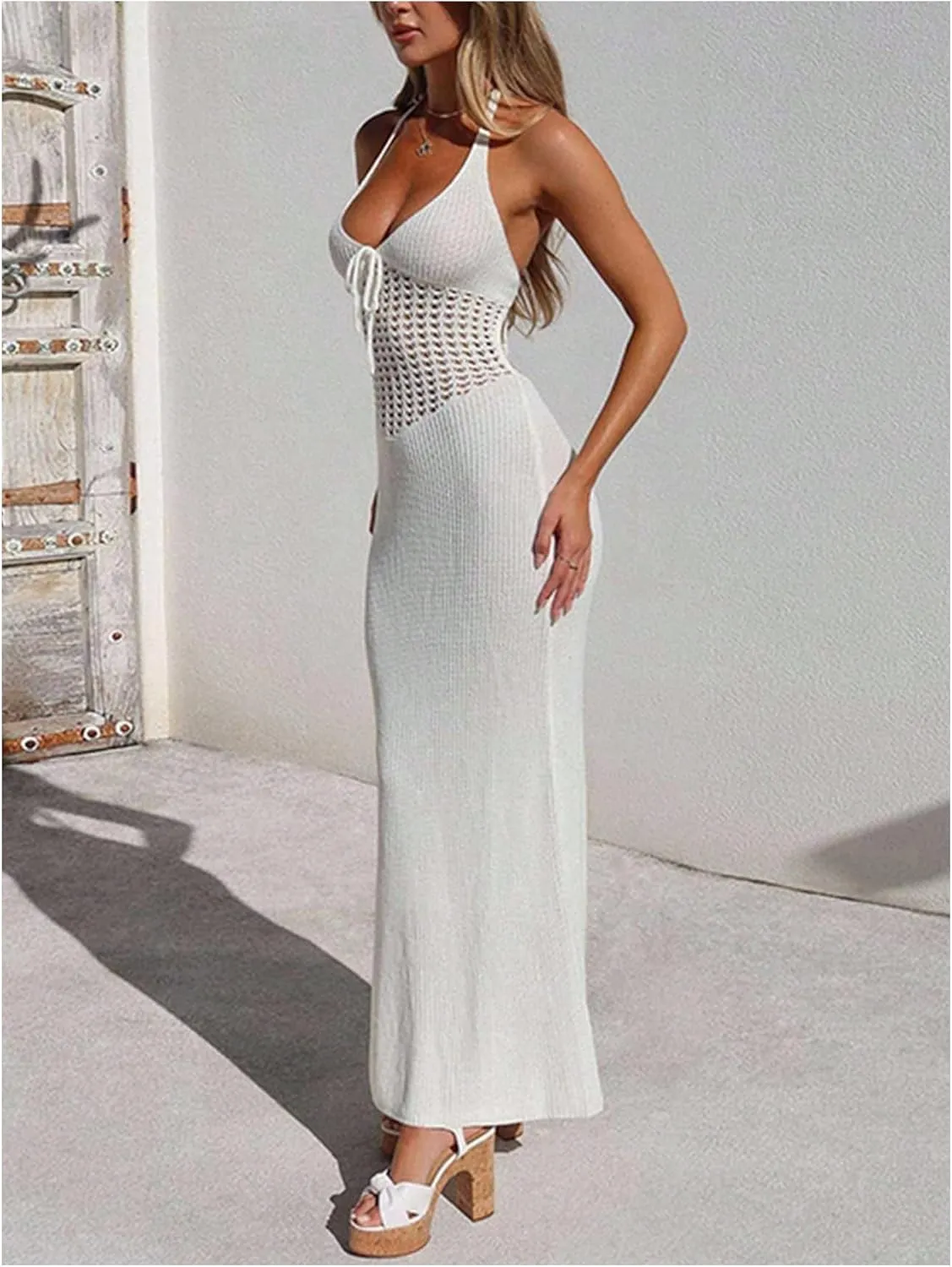 Milumia Women's Hollow Out Tie Backless Halter Beach Dress Sexy Deep V Neck Knitted Maxi Dresses