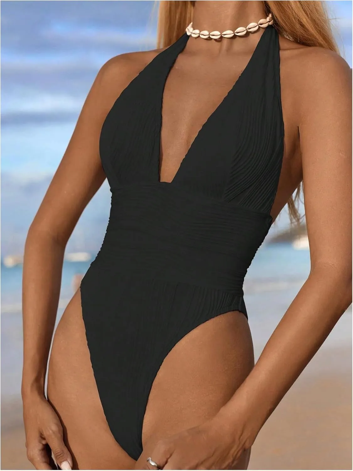 Milumia Women's Textured Halter Tie Backless Swimsuit Sexy Deep V Neck One Piece Bathing Suit