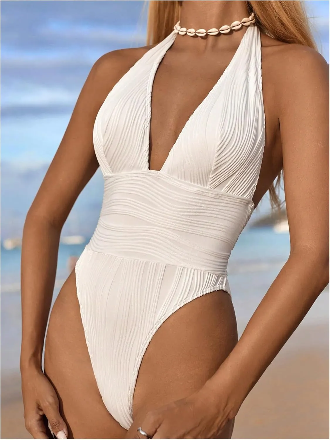 Milumia Women's Textured Halter Tie Backless Swimsuit Sexy Deep V Neck One Piece Bathing Suit
