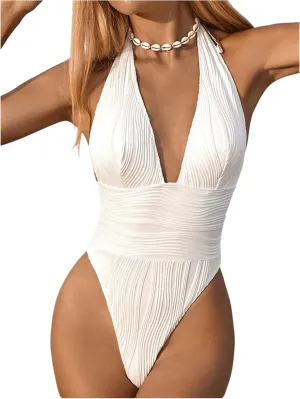 Milumia Women's Textured Halter Tie Backless Swimsuit Sexy Deep V Neck One Piece Bathing Suit