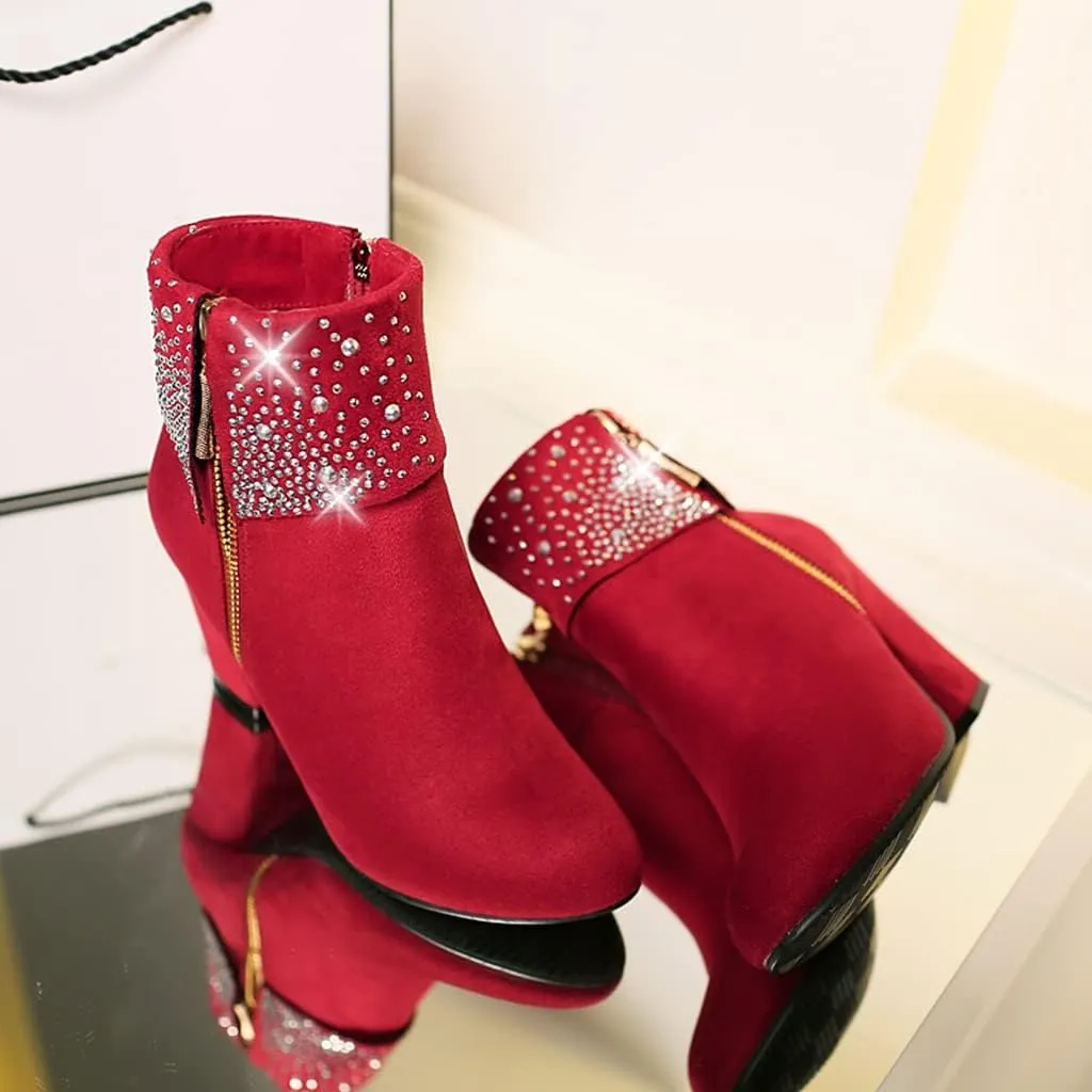 MIOKE Women's Chunky Block High Heel Ankle Boots Rhinestone Round Toe Suede Zipper Bootie Dress Short Boots