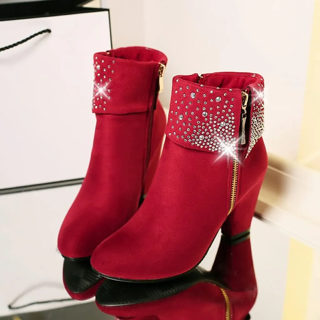 MIOKE Women's Chunky Block High Heel Ankle Boots Rhinestone Round Toe Suede Zipper Bootie Dress Short Boots