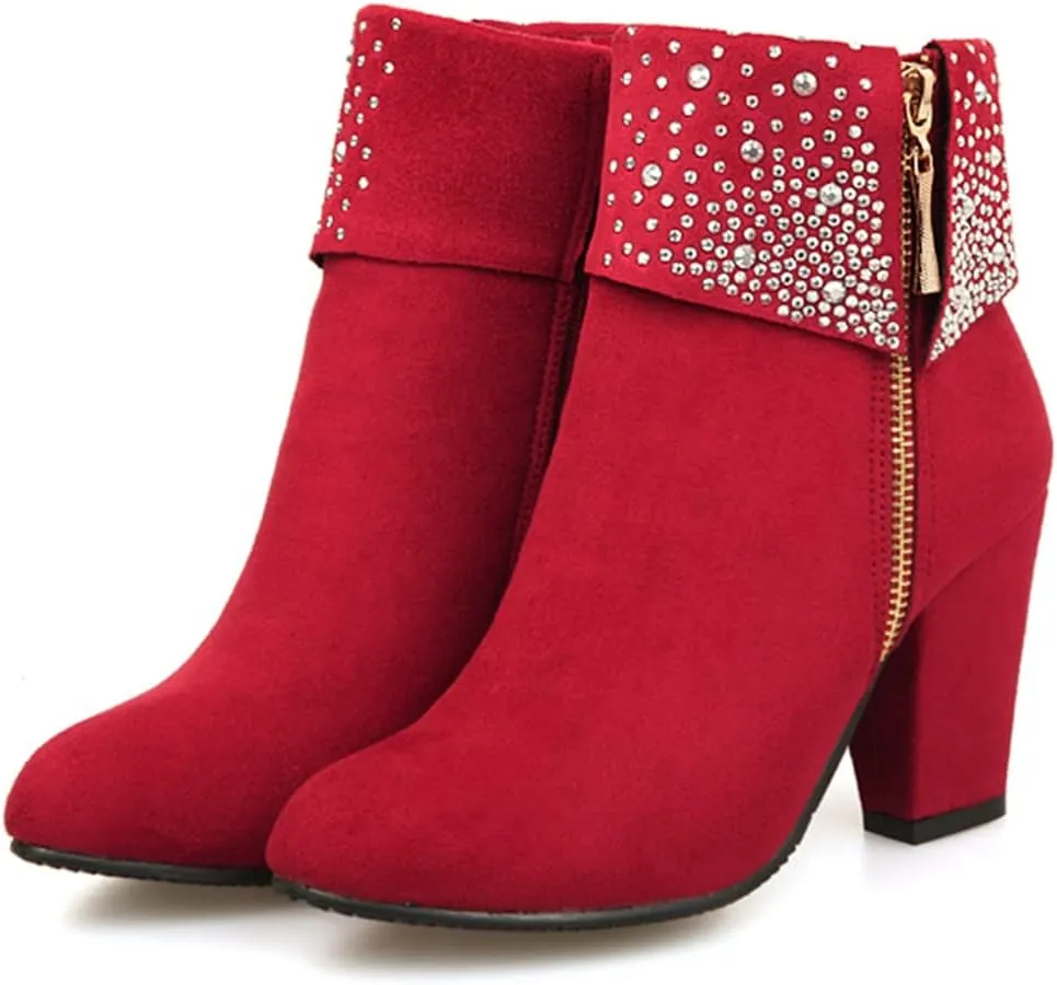 MIOKE Women's Chunky Block High Heel Ankle Boots Rhinestone Round Toe Suede Zipper Bootie Dress Short Boots