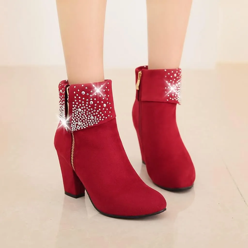 MIOKE Women's Chunky Block High Heel Ankle Boots Rhinestone Round Toe Suede Zipper Bootie Dress Short Boots