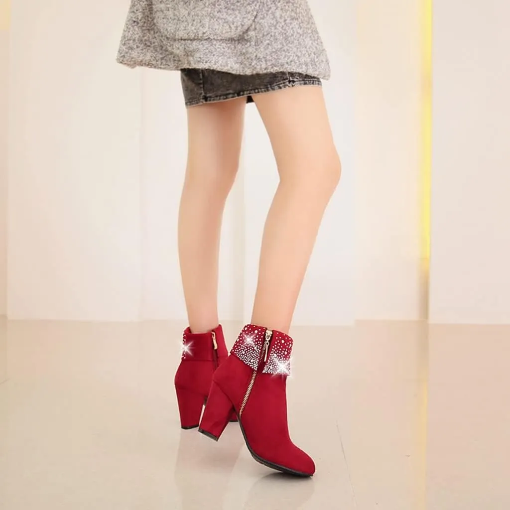 MIOKE Women's Chunky Block High Heel Ankle Boots Rhinestone Round Toe Suede Zipper Bootie Dress Short Boots