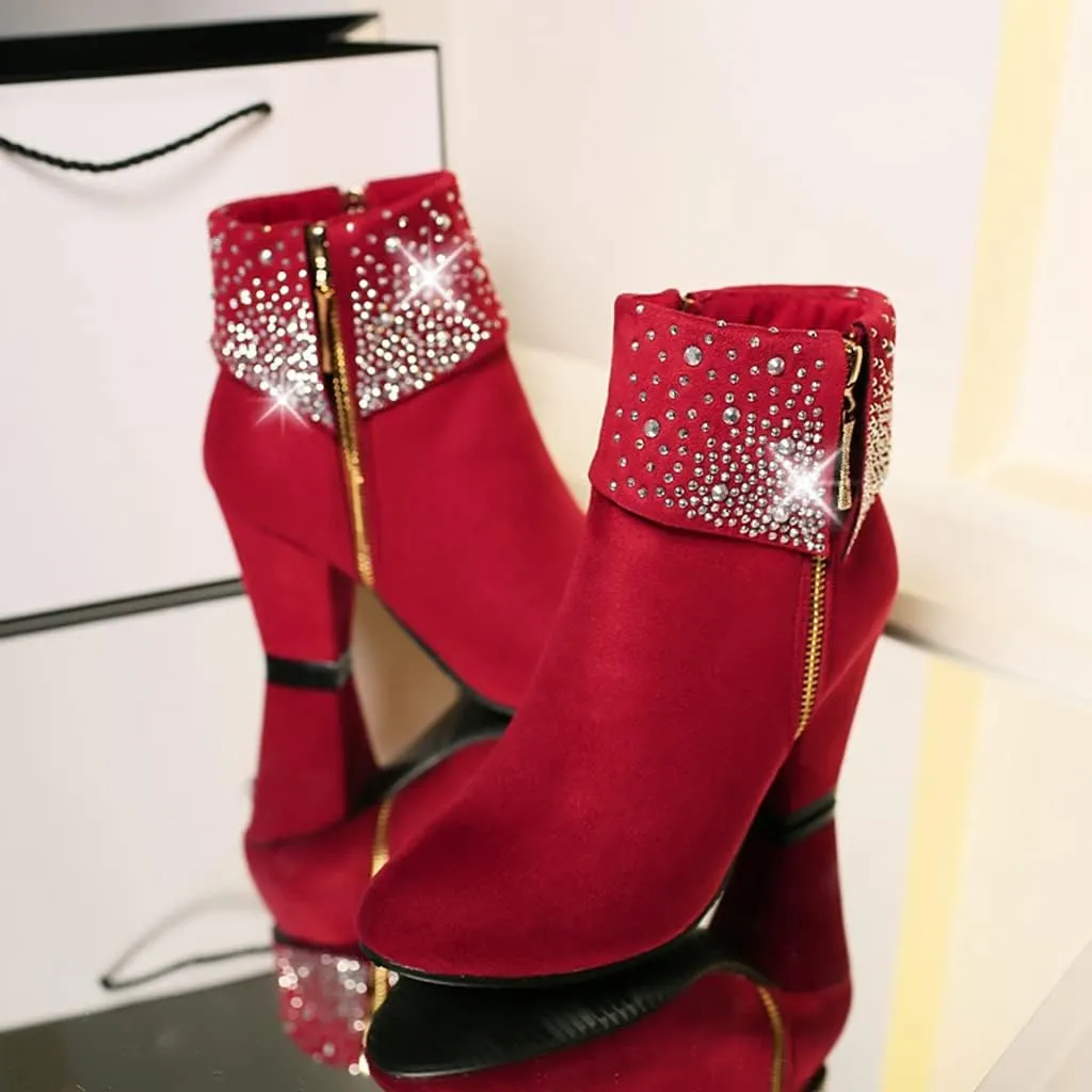 MIOKE Women's Chunky Block High Heel Ankle Boots Rhinestone Round Toe Suede Zipper Bootie Dress Short Boots