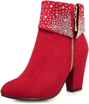 MIOKE Women's Chunky Block High Heel Ankle Boots Rhinestone Round Toe Suede Zipper Bootie Dress Short Boots