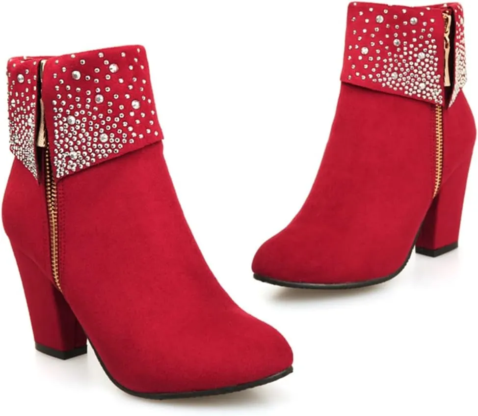 MIOKE Women's Chunky Block High Heel Ankle Boots Rhinestone Round Toe Suede Zipper Bootie Dress Short Boots