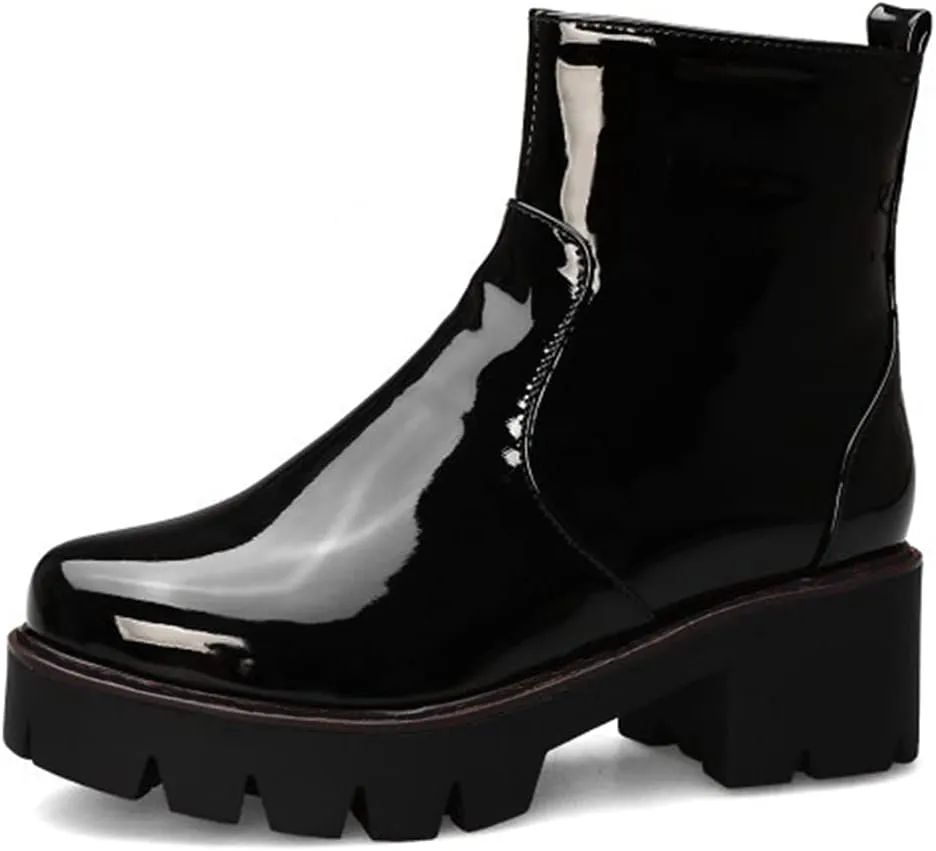 MIOKE Women's Fashion Platform Dressy Ankle Boots Patent Leather Round Toe Zip Chunky Mid Heel Short Booties