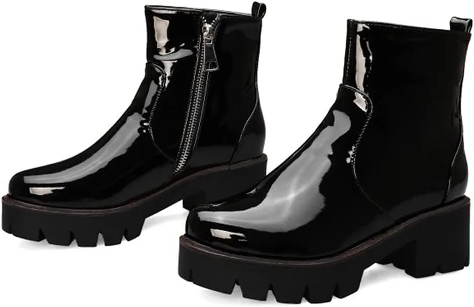 MIOKE Women's Fashion Platform Dressy Ankle Boots Patent Leather Round Toe Zip Chunky Mid Heel Short Booties