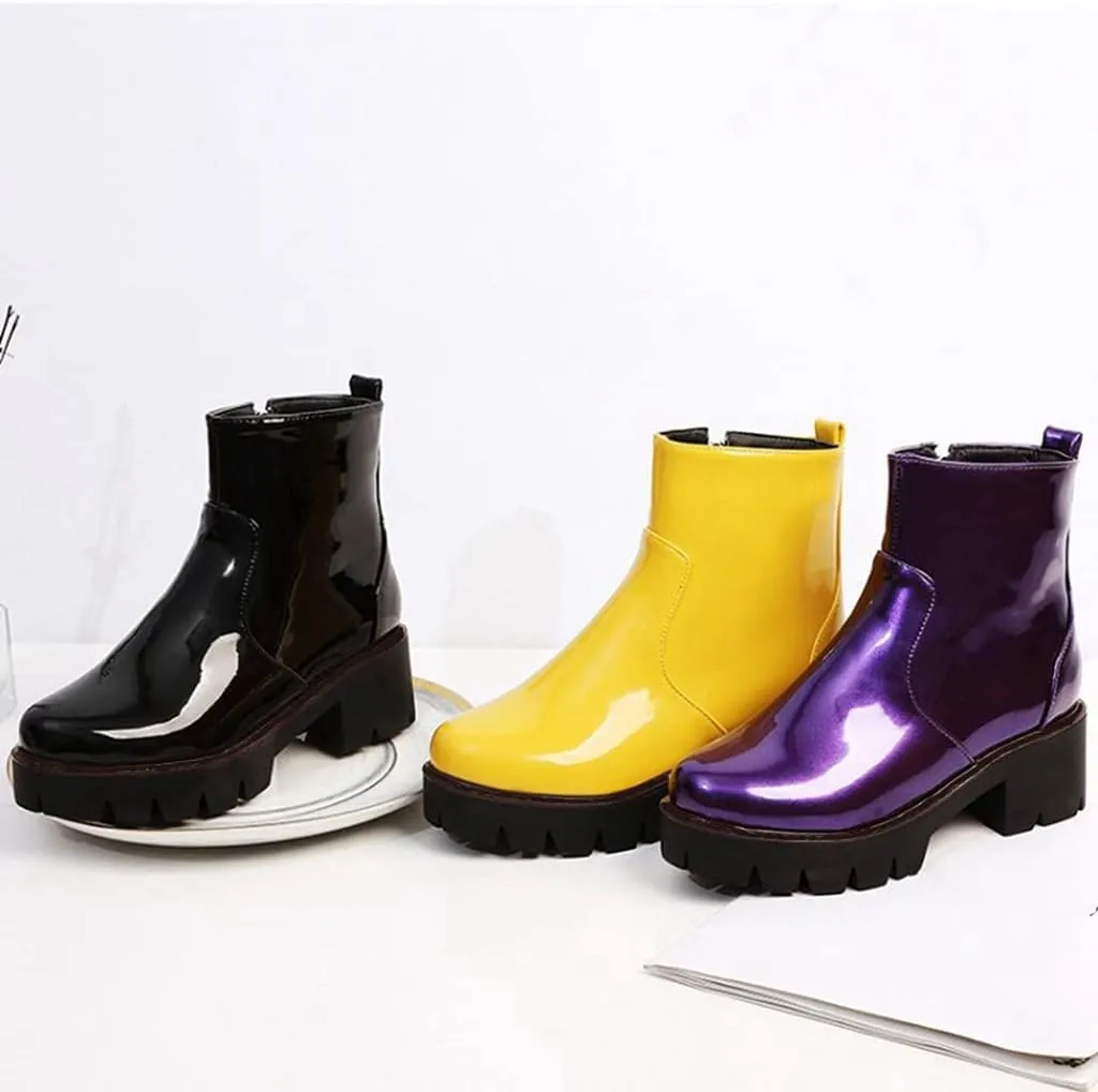 MIOKE Women's Fashion Platform Dressy Ankle Boots Patent Leather Round Toe Zip Chunky Mid Heel Short Booties