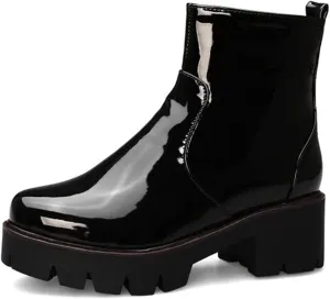 MIOKE Women's Fashion Platform Dressy Ankle Boots Patent Leather Round Toe Zip Chunky Mid Heel Short Booties