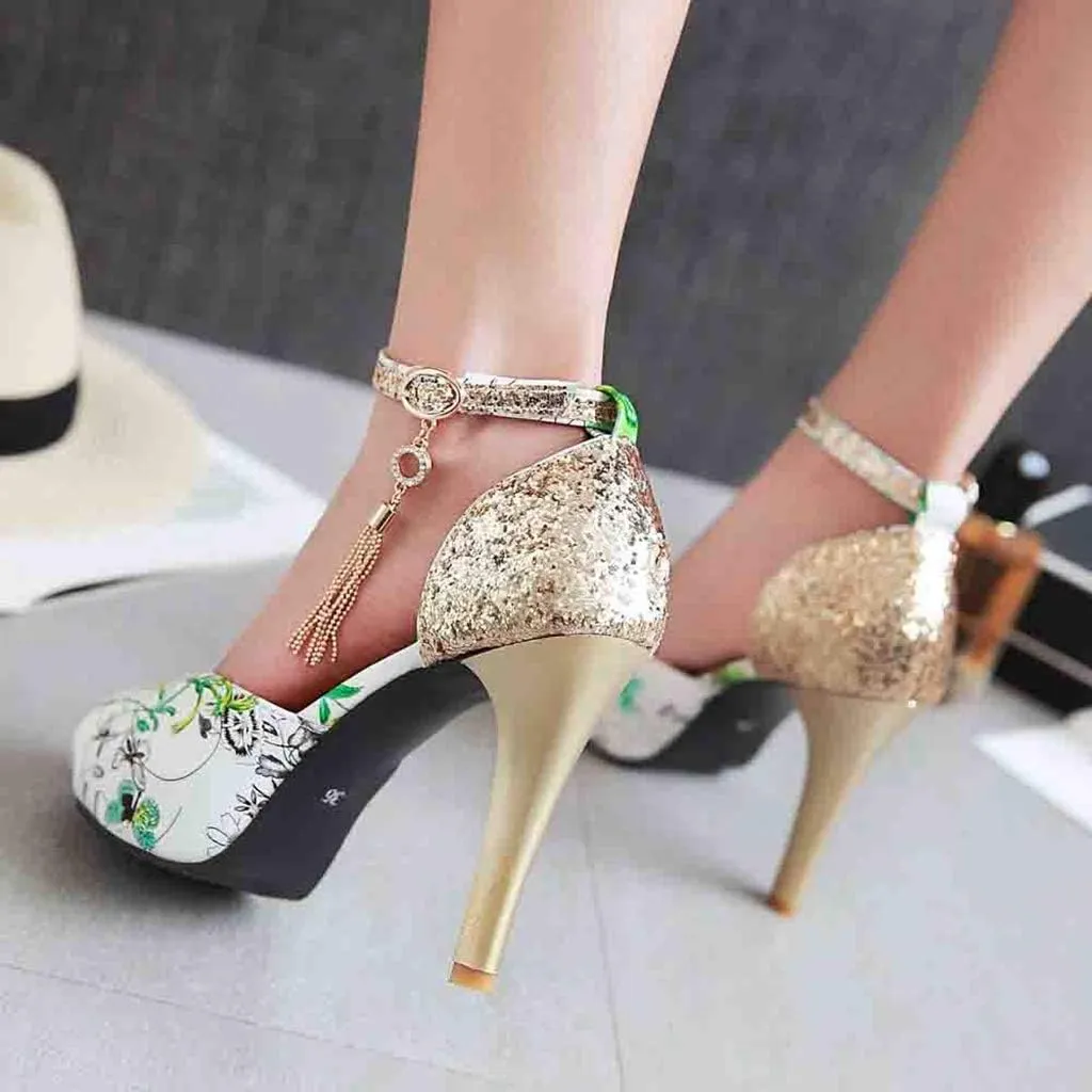 MIOKE Women's Floral Platform High Heel Sandals Open Toe Buckle T-Strap Pump Chunky Dress Heeled Sandal