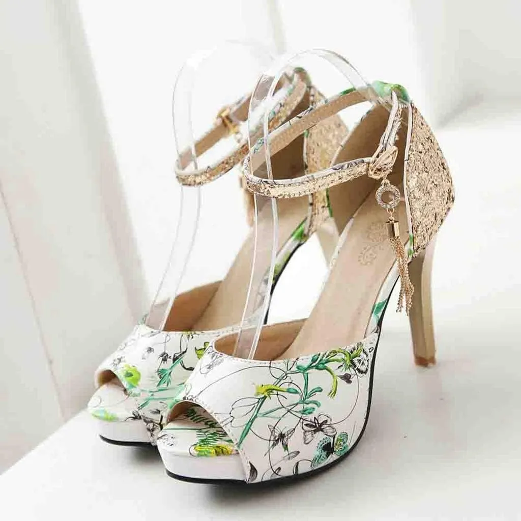 MIOKE Women's Floral Platform High Heel Sandals Open Toe Buckle T-Strap Pump Chunky Dress Heeled Sandal