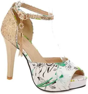 MIOKE Women's Floral Platform High Heel Sandals Open Toe Buckle T-Strap Pump Chunky Dress Heeled Sandal