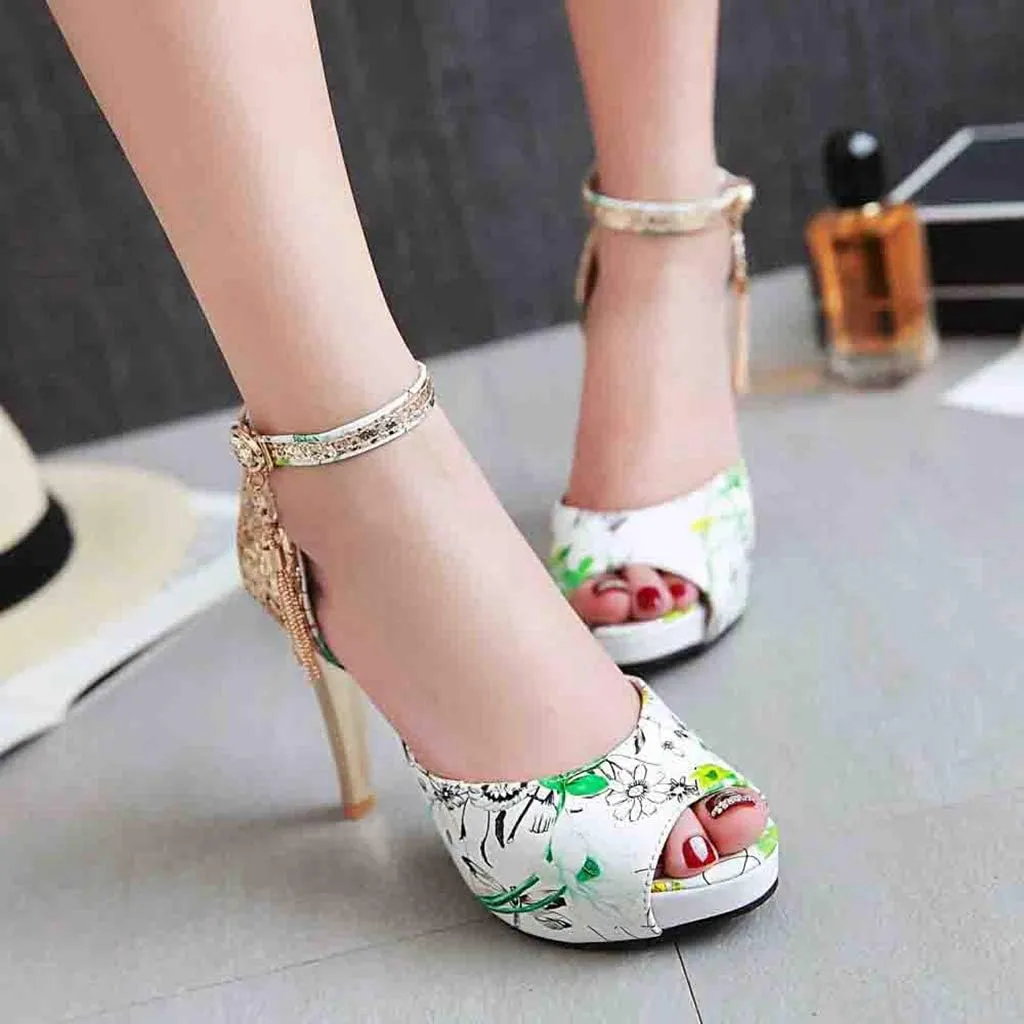 MIOKE Women's Floral Platform High Heel Sandals Open Toe Buckle T-Strap Pump Chunky Dress Heeled Sandal