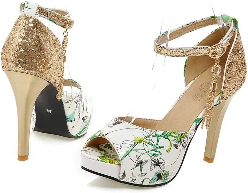 MIOKE Women's Floral Platform High Heel Sandals Open Toe Buckle T-Strap Pump Chunky Dress Heeled Sandal